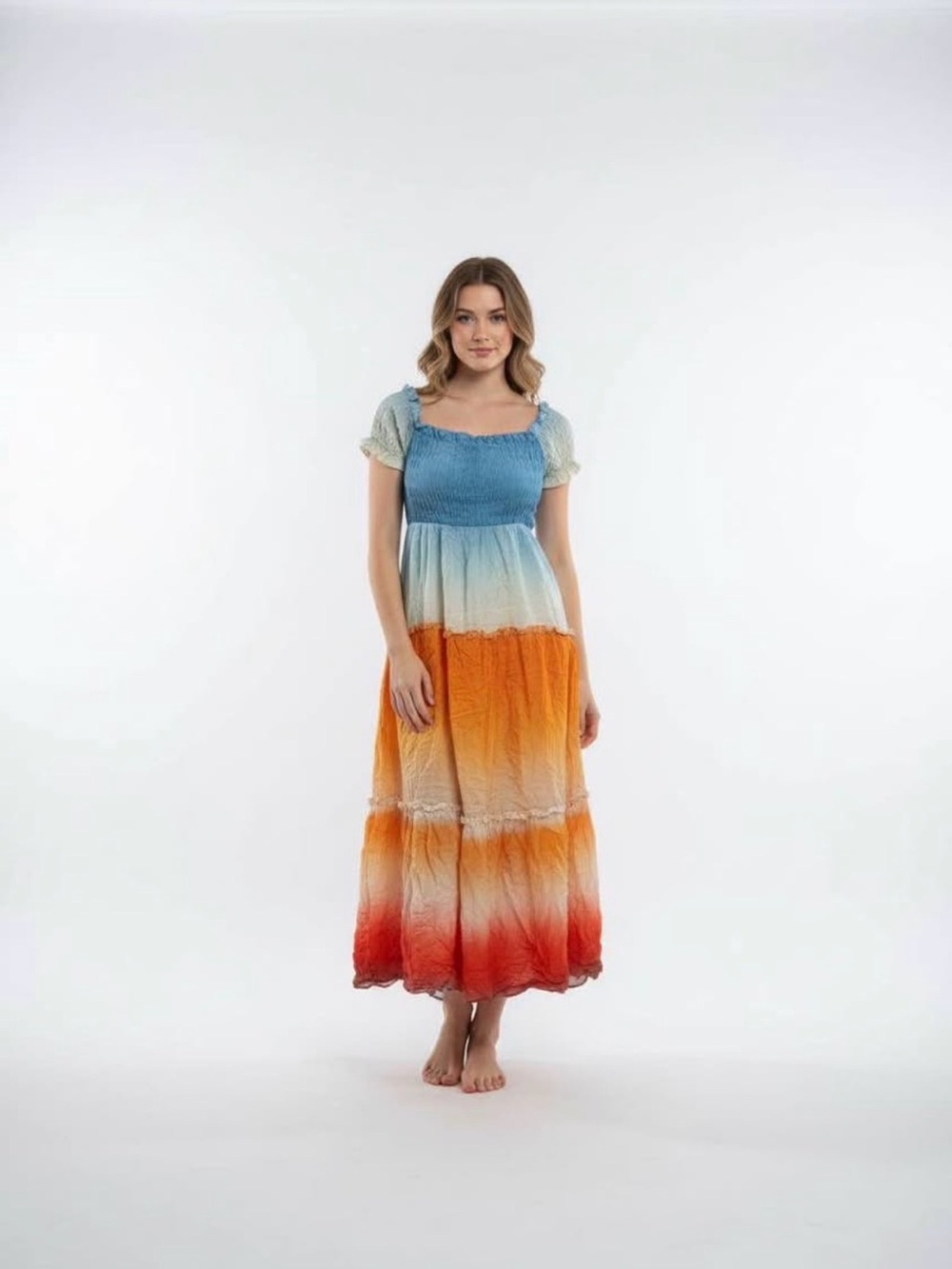 Women’s Ombre Tiered Maxi Dress in Blue, Orange and Red